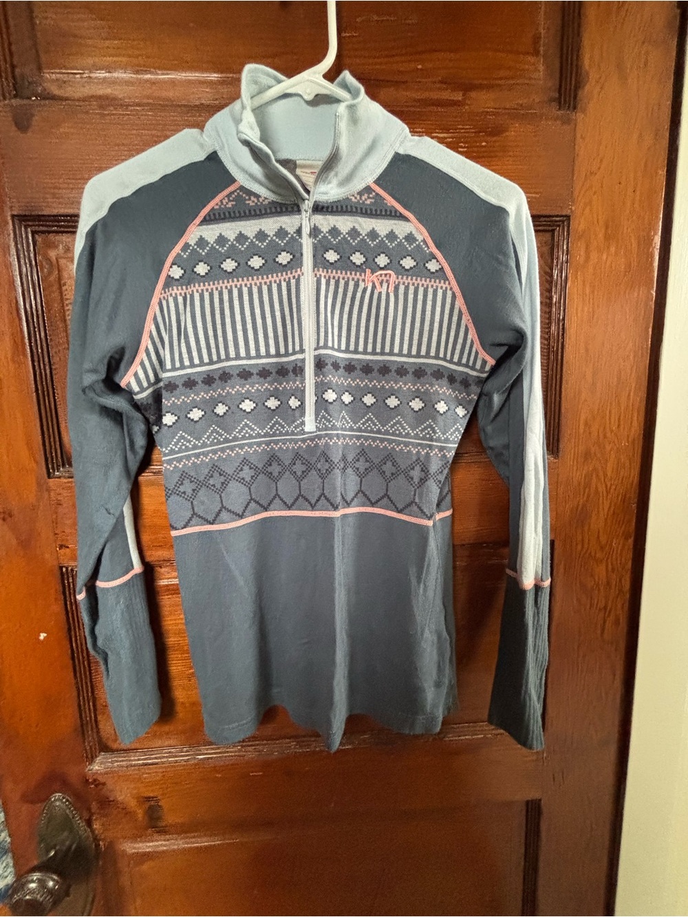 Kari Traa Gray and Light Blue Half-Zip Sweater with Pink Trim